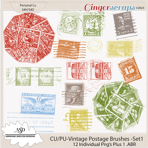 CU/PU- Vintage Postage Brushes Set1-By Adrienne Skelton Designs
