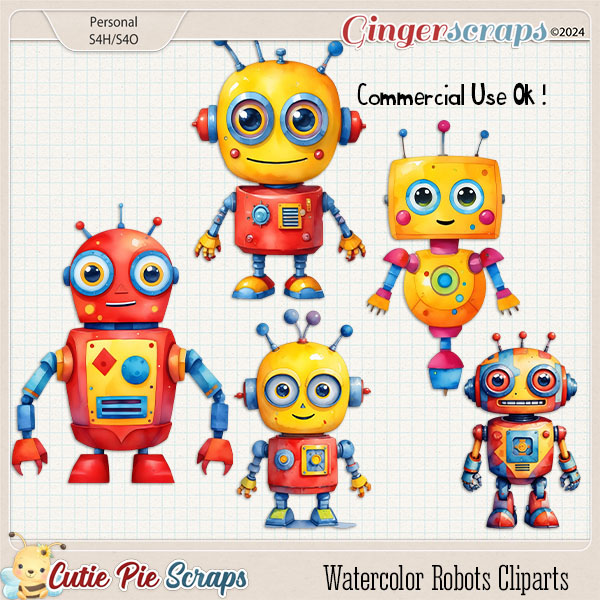 CU Watercolor Robots Cliparts Set 01
