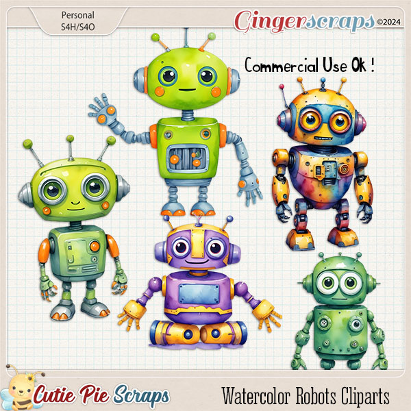 CU Watercolor Robots Cliparts Set 02
