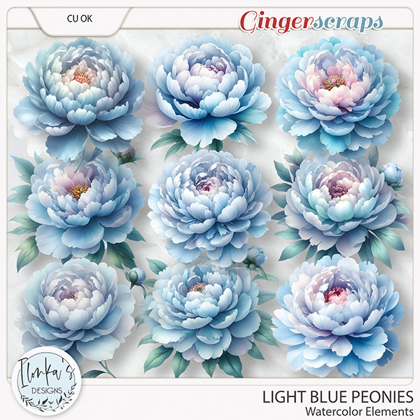CU Watercolor Light Blue Peonies by Ilonka's Designs
