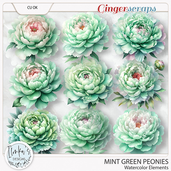 CU Watercolor Mint Green Peonies by Ilonka's Designs