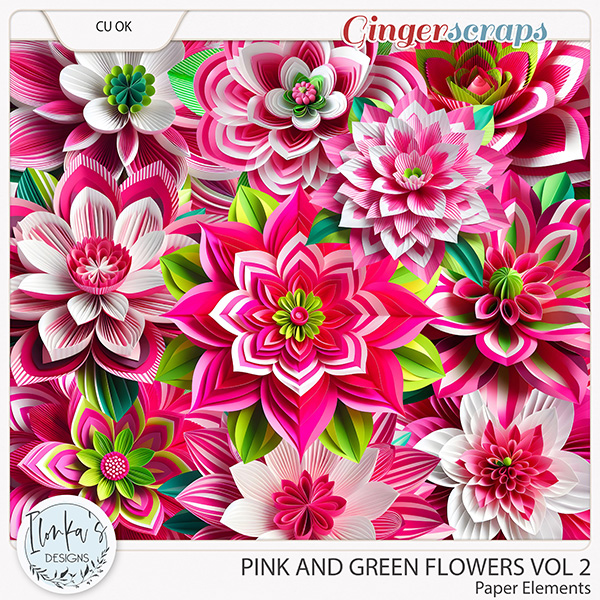CU Pink And Green Paper Flowers Vol 2 by Ilonka's Designs 
