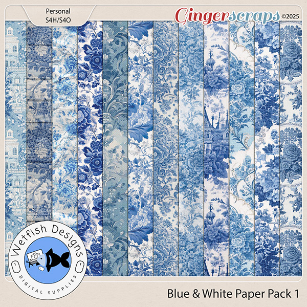 Blue & White Toile Paper Pack 1 by Wetfish Designs