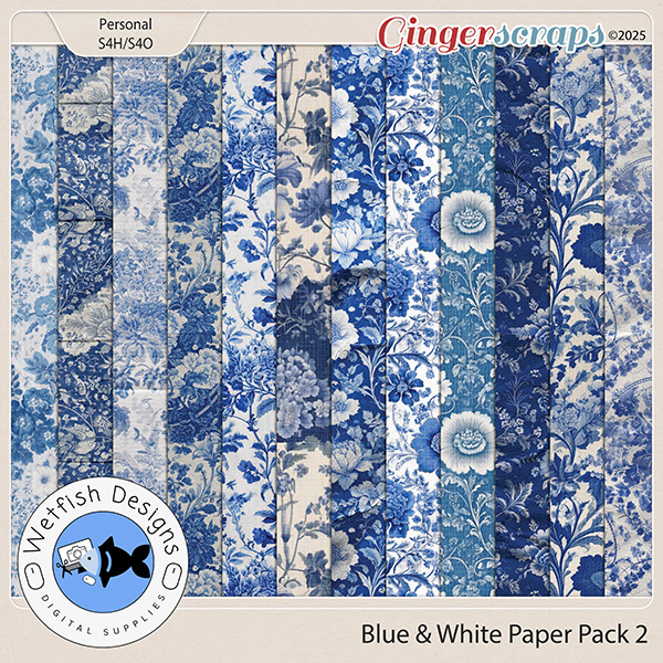 Blue & White Toile Paper Pack 2 by Wetfish Designs