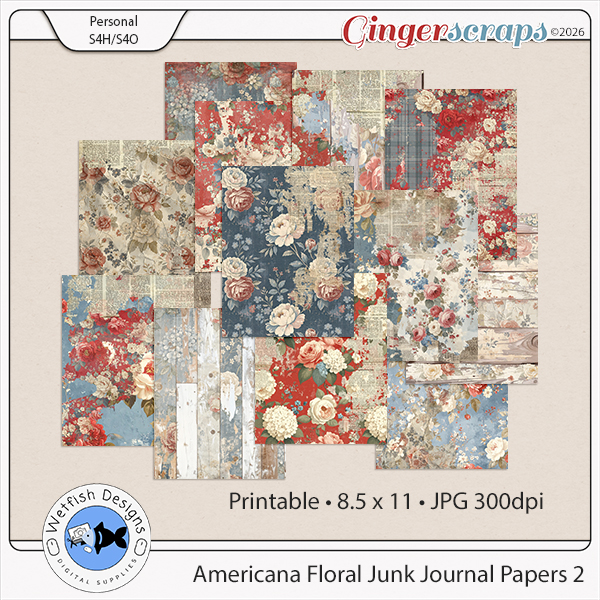 Americana Floral Junk Journal Papers 2 by Wetfish Designs 