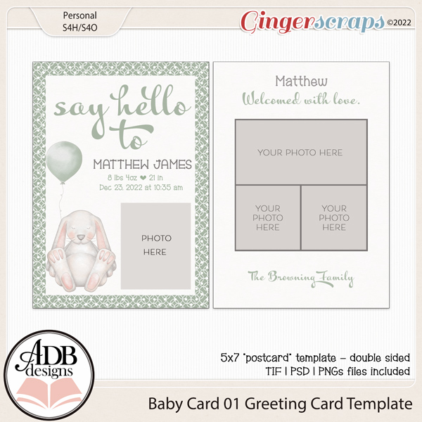 5" by 7" Baby Birth Announcement Postcard Template 01 by ADB Designs