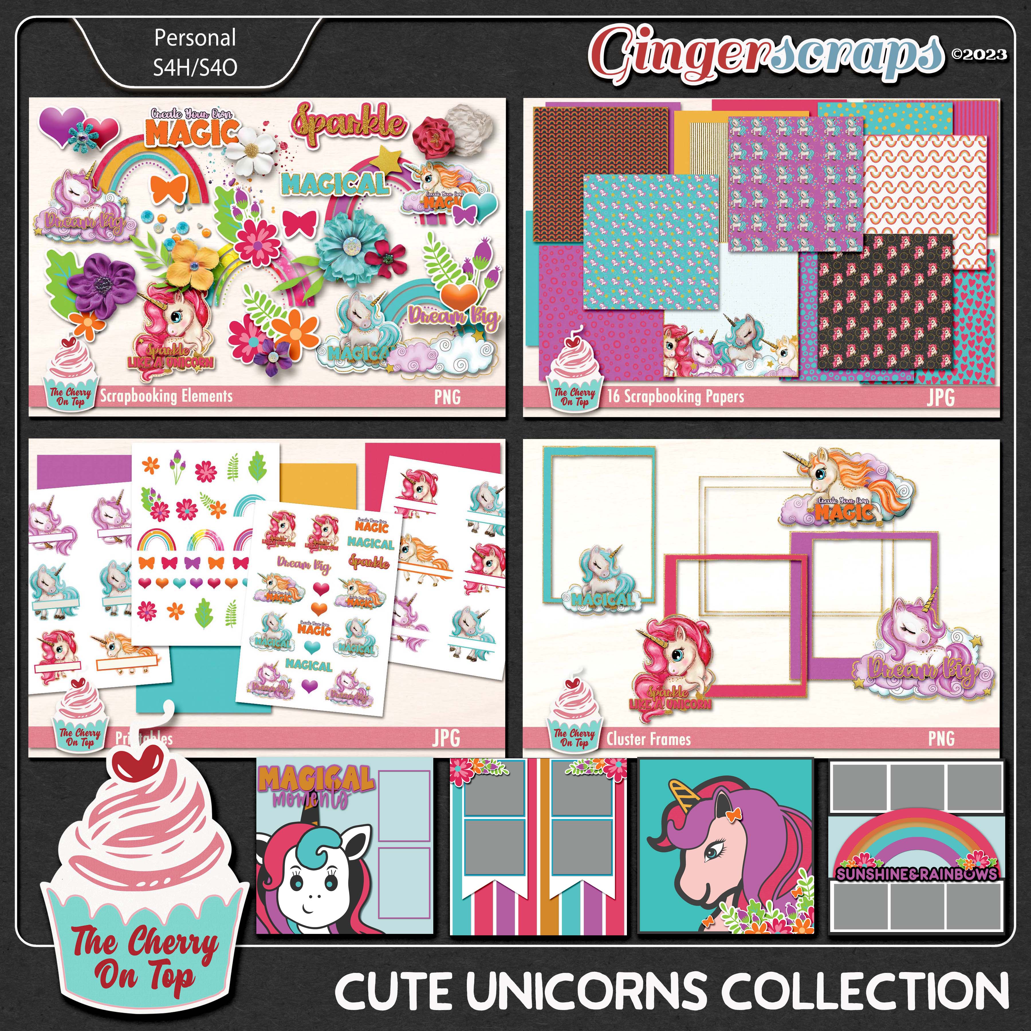 Cute Unicorns Digital Scrapbooking Collection with Printables Kit and Templates