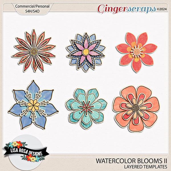Watercolor Blooms II - CU/PU Layered Templates by Lisa Rosa Designs
