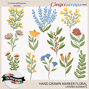 Hand-Drawn Marker Florals - CU/PU Layered Elements by Lisa Rosa Designs